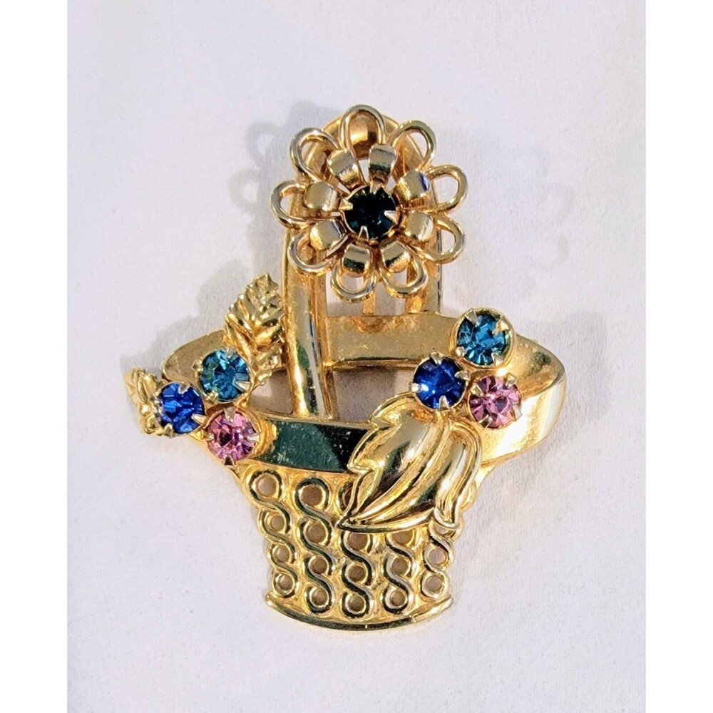 Vtg Flower Basket Brooch Pin Pendant Multicolor Rhinestone Gold Tone Floral